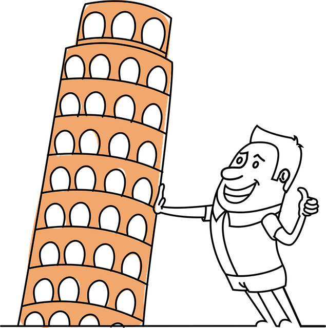 Ilustração de personagem segurando a torre de pisa